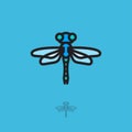 Dragonfly flat logo. Dragonfly icon. Linear logo. Blue dragonfly on a blue background.