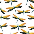 Dragonfly flat seamless pattern. Repeating clothes fabric print with darning-needle insects. Garden