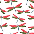 Dragonfly flat seamless pattern. Repeating dress textile print with damselfly insects. Close up