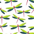 Dragonfly flat seamless pattern. Summer clothes textile print with damselfly insects. Flying water