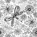 Dragonfly and flowers doodle pattern Royalty Free Stock Photo