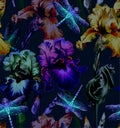 Dragonfly and Flowers. Seamless Pattern. Dark blue backgrounds. Summer night. Royalty Free Stock Photo