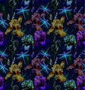 Dragonfly and Flowers. Seamless Pattern. Dark blue backgrounds. Summer night. Royalty Free Stock Photo