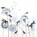 Elegant vector illustration with dandelions and dragonflies Royalty Free Stock Photo