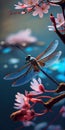 Dragonfly flying past cherry blossoms. AI generated