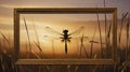 Golden Frame Dragonfly Sunset Silhouette Royalty Free Stock Photo