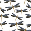 Dragonfly funky seamless pattern. Spring clothes fabric print with damselfly insects. Garden water