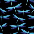 Dragonfly funky seamless pattern. Spring clothes fabric print with darning-needle insects. Close up