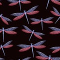 Dragonfly funky seamless pattern. Spring clothes textile print with damselfly insects. Flying water