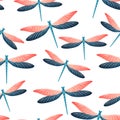 Dragonfly funky seamless pattern. Spring clothes textile print with flying adder insects. Garden