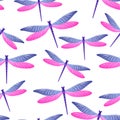 Dragonfly funky seamless pattern. Spring dress textile print with darning-needle insects. Isolated
