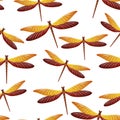 Dragonfly funky seamless pattern. Summer dress textile print with damselfly insects. Close up water