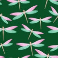 Dragonfly funky seamless pattern. Summer dress textile print with darning-needle insects. Close up