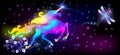 Dragonfly and galloping iridescent unicorn with luxurious winding mane against the background of the fantasy universe with