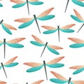 Dragonfly girlish seamless pattern. Repeating dress textile print with flying adder insects. Garden