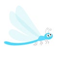 Dragonfly icon. Cute cartoon kawaii funny character. Blue dragon fly Insect. Big eyes. Smiling face, horns. Baby kids clip art.