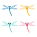 Dragonfly icon set. Cute cartoon kawaii funny character. Blue dragon fly Insect. Big eyes. Smiling face, horns. Baby