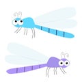 Dragonfly icon set. Cute cartoon kawaii funny character. Blue Violet dragon fly Insect. Big eyes. Smiling face, horns. Baby kids Royalty Free Stock Photo