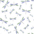 Dragonfly modern seamless pattern. Repeating dress textile print with flying adder insects. Flying