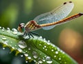 Dragonfly next to a dewy leaf. Nature background