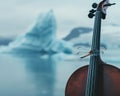 A dragonfly perched delicately on the strings of a cello with a serene iceberg landscape in the background Royalty Free Stock Photo