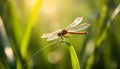 Dragonfly Perched on Green Leaf in Nature with Blurred Background and Sunlight Royalty Free Stock Photo
