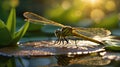 Golden Dragonfly Resting on a Lily Pad in the Warm Sunlight with Water Reflection Royalty Free Stock Photo
