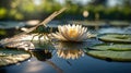 Dragonfly Resting Beside Water Lily on a Lily Pad, Reflection in the Water Royalty Free Stock Photo