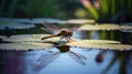 Golden Dragonfly Reflection on the Water Lily Pad in Serene Pond Environment Royalty Free Stock Photo