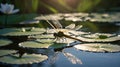 Dragonfly Resting on a Lily Pad in Golden Hour Sunlight with Water Reflection Royalty Free Stock Photo
