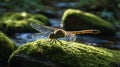 Dragonfly Resting on a Mossy Rock Near the Water\'s Edge in the Forest Royalty Free Stock Photo