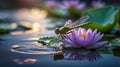 Dragonfly Resting on a Delicate Pink Water Lily with Soft Reflection Royalty Free Stock Photo