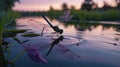 Dragonfly at Sunset: Serene Reflection on Calm Water Royalty Free Stock Photo