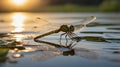 Dragonfly Reflection on Rippled Water Surface at Sunrise, Nature\'s Delicate Beauty Royalty Free Stock Photo