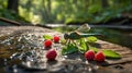 Dragonfly Resting Among Raspberries and Green Leaves on a Wet Stone Surface Royalty Free Stock Photo