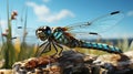 A dragonfly on a reed. Generative AI. Royalty Free Stock Photo