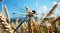 A dragonfly on a reed. Generative AI. Royalty Free Stock Photo