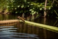 A dragonfly resting on a cattail in a pond