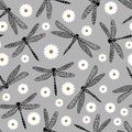Dragonfly seamless pattern with chamomile