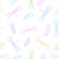 Dragonfly seamless pattern with floral elements. Line style. Hand drawn Royalty Free Stock Photo