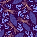 Dragonfly seamless pattern with plants Royalty Free Stock Photo
