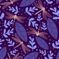 Dragonfly seamless pattern with plants