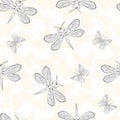 Dragonfly silhouette vector seamless pattern background for textile, fabric, wallpaper, scrapbook. Insects with wings Royalty Free Stock Photo