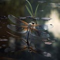 a dragonfly sitting on top of a body of water.