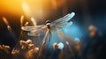 A dragonfly sitting on top of a plant with some grass, AI