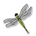 Sticker with a green dragonfly. Vector illustration in cartoon style. Isolated object on a white background.