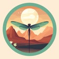 Dragonfly Sticker On A Mountain In Flat Design With Desert Background