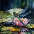 Dragonfly on water lily and lotus flower. Watercolor painting
