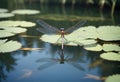 A Dragonfly on a water Lily with a reflection in the pond Royalty Free Stock Photo