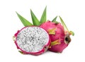 dragonfruit pitahaya with leaf isolated on white